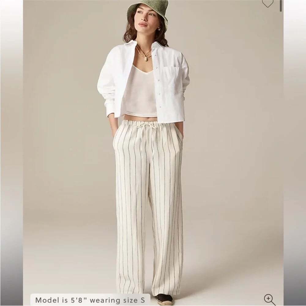 J. Crew Soleil Linen Pants Size XS Ivory Blue Stripes Minimal Coastal Beach